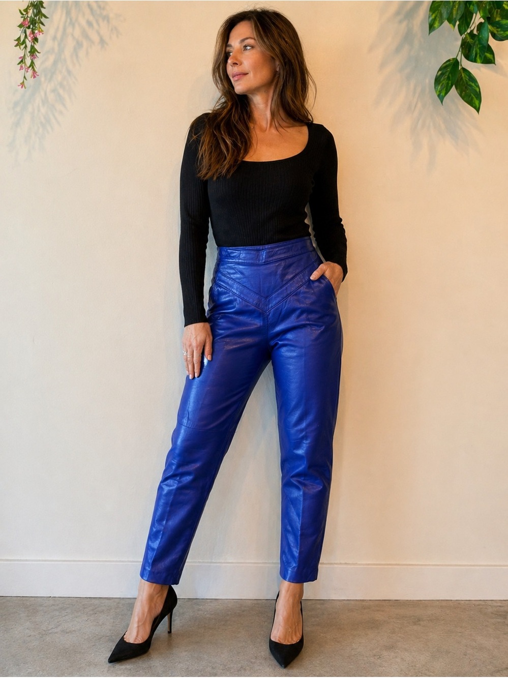Vintage Royal Blue Leather Pants High Waist Boutique of Leathers